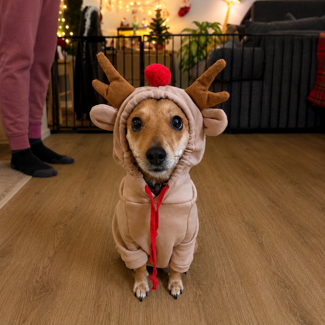 Sina the dog wearing a reindeer costume